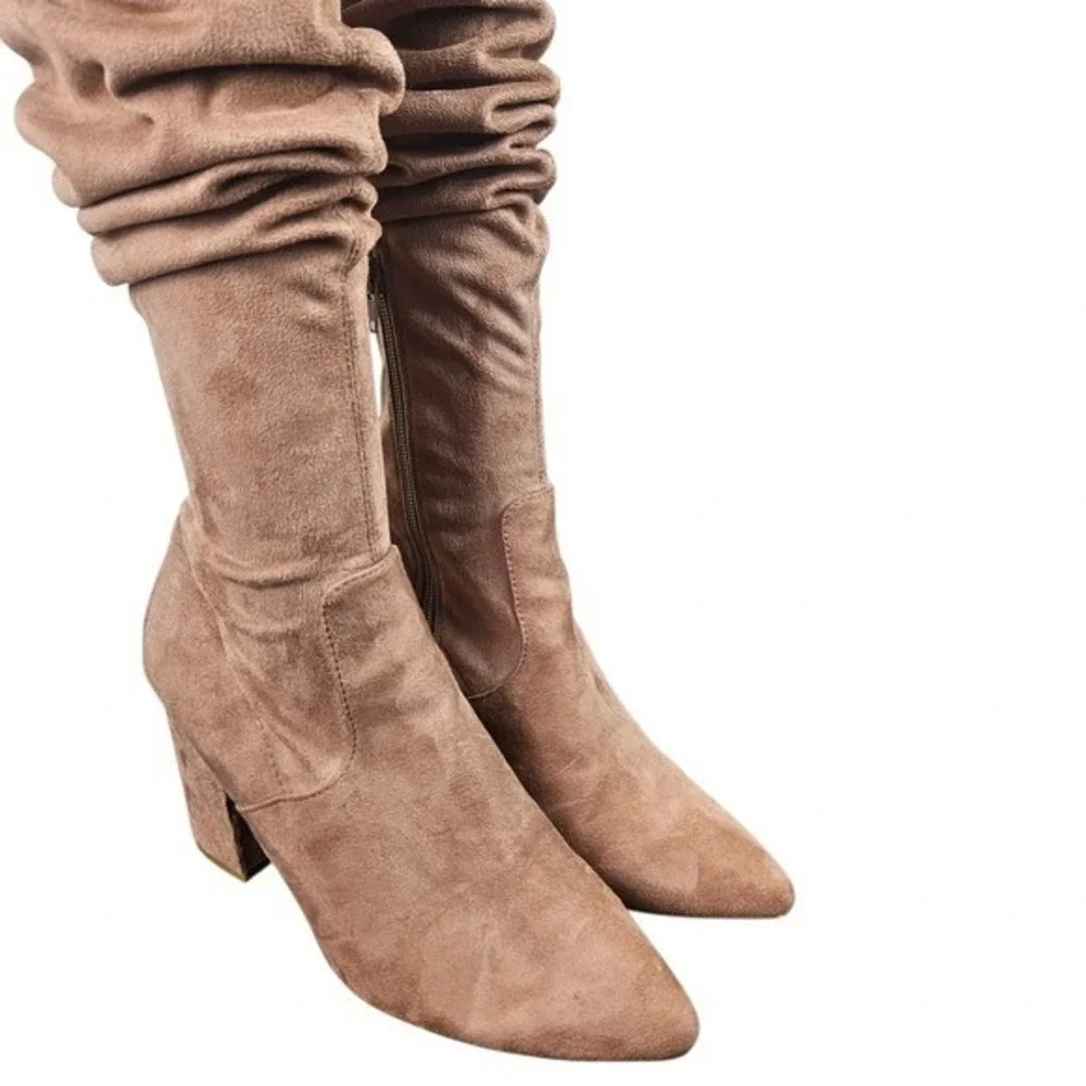 Steve‎ Madden Women's Tan Suede Ruched Block Heel Pointed Toe Boots Size 8.5M